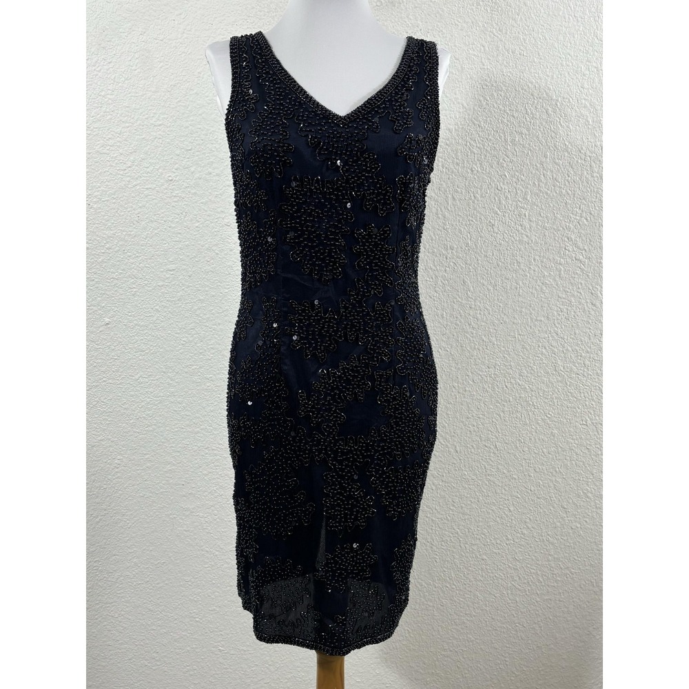 Vintage Stenay Dress Womens Medium Navy Blue Beaded Sleeveless V Neck Cocktail